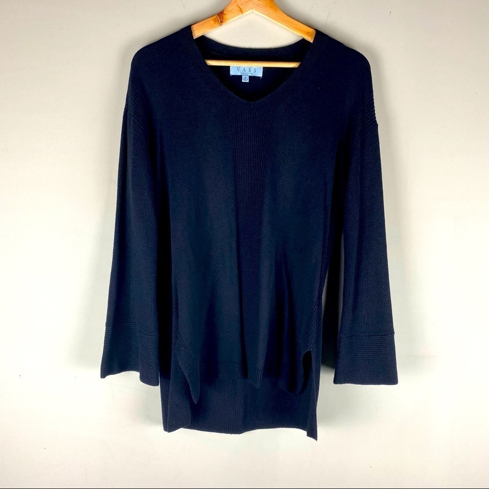 Joan Vass: Longline V-Neck‎ Knit Cashmere Blend Pullover Sweater Size Medium